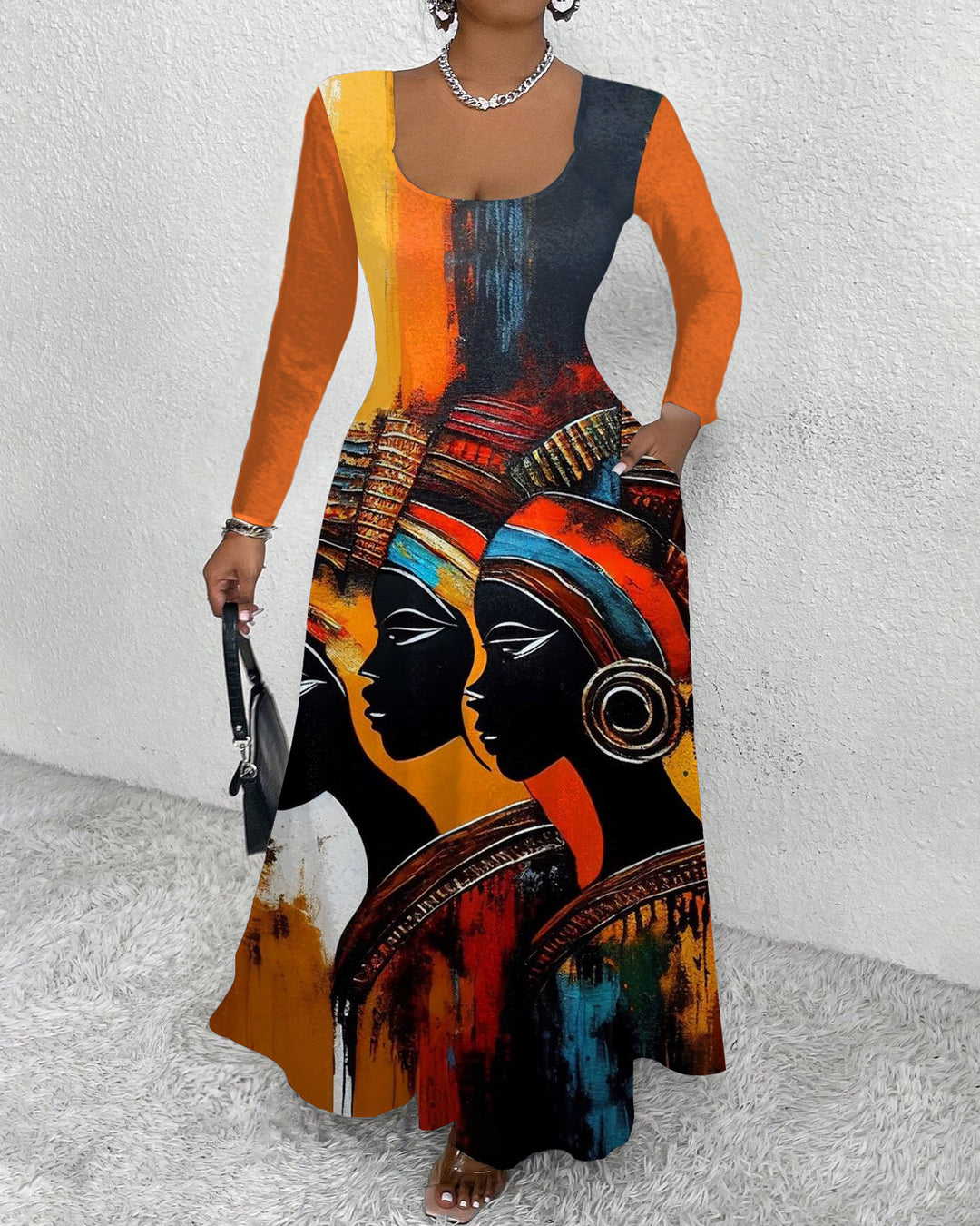 Tribal Women Oil Painting Long Sleeve Maxi Dress