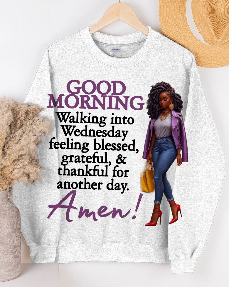 Walking Into Wednesday Feeling Blessed Grateful Cartoon Print Long Sleeve Sweatshirt