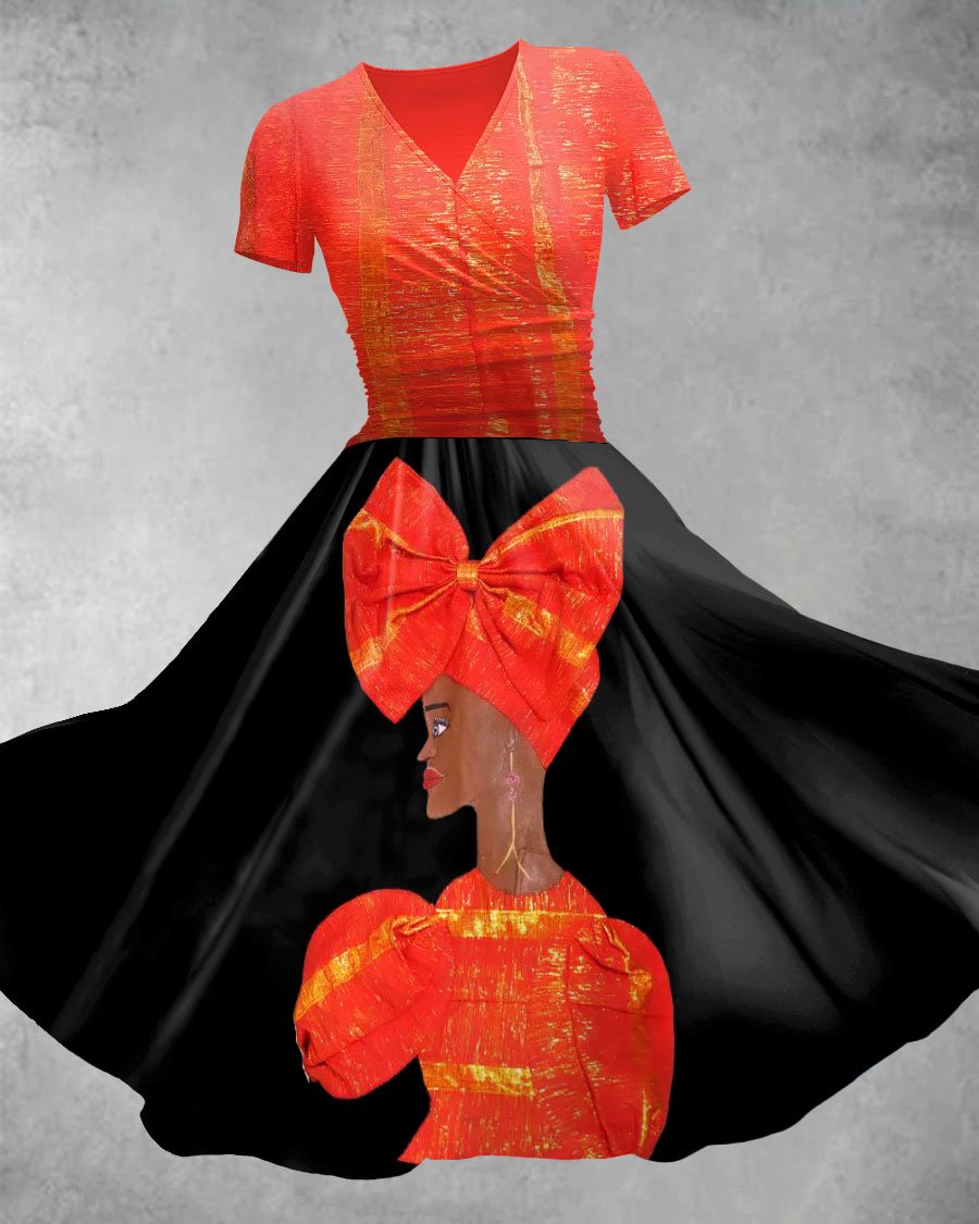 Black Girl with Red Headscarf Bow Maxi Dress