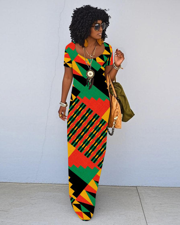 Juneteenth Color Matching Geometry Short Sleeve Crewneck Maxi Dress