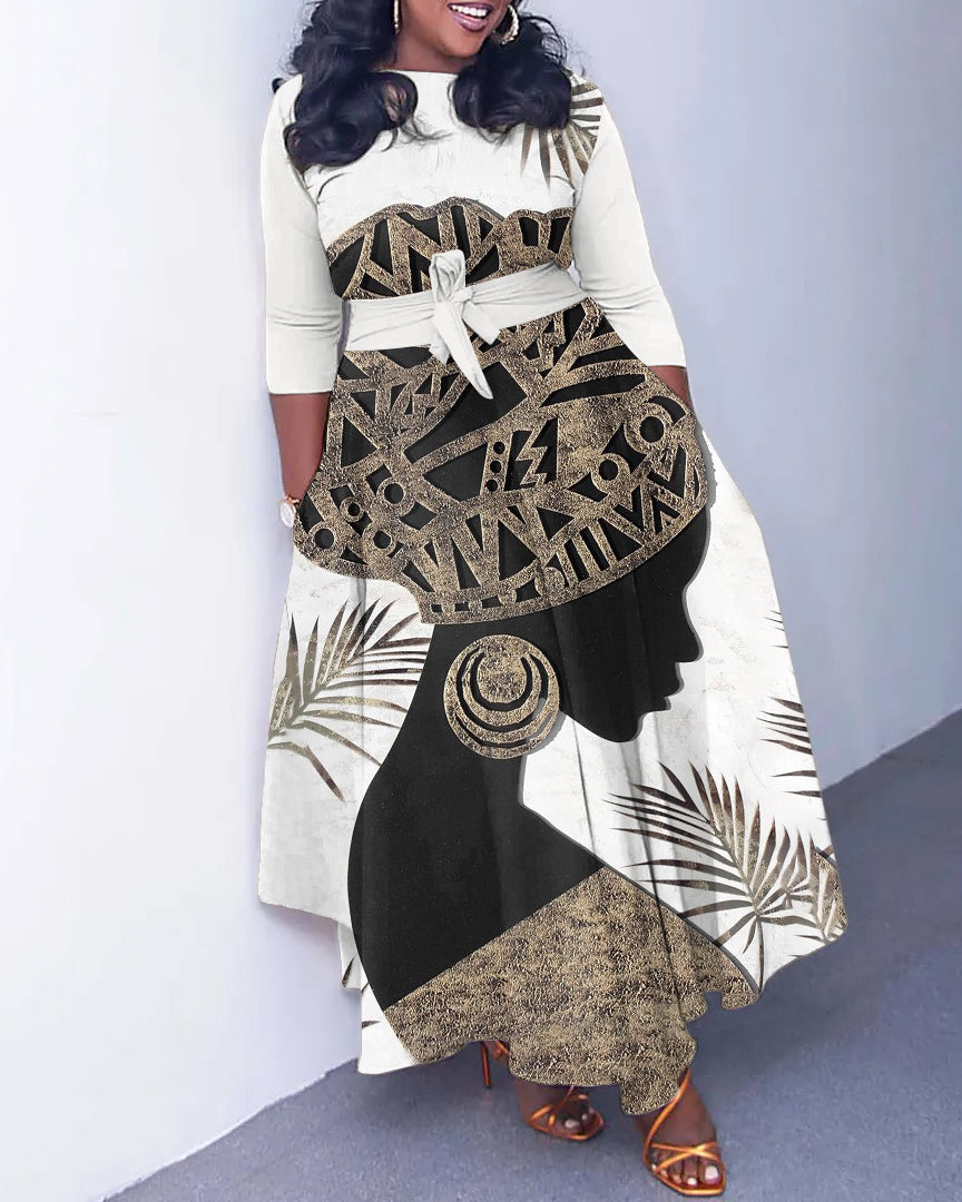 Retro Headscarf Women Print Long Sleeve Pockets Maxi Dress