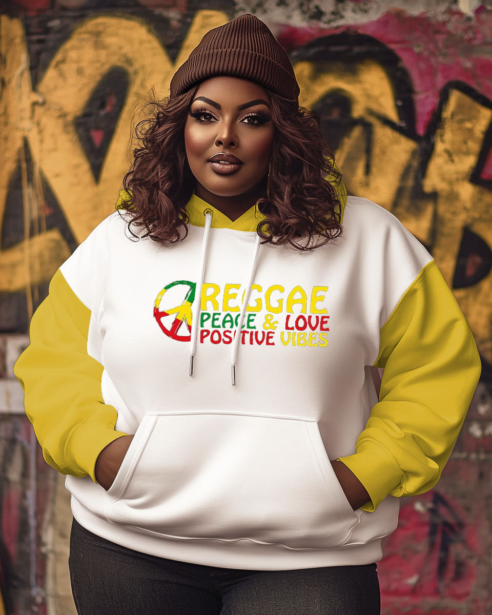 Women's Black Reggae Hip Hop Slogan Reggae Peace And Love Postive Vibes Hoodie