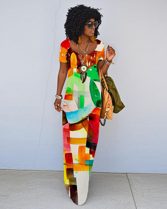 Afro American Art Short Sleeve Crew Neck Maxi Dress