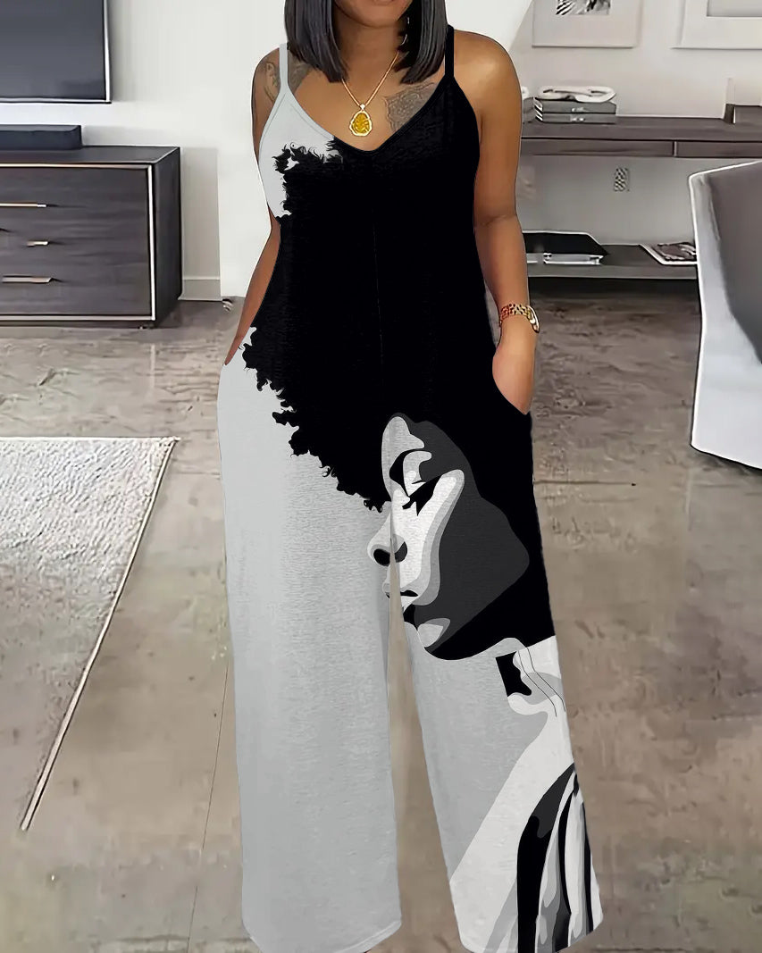Afro Girl Art Sleeveless Straight Jumpsuit