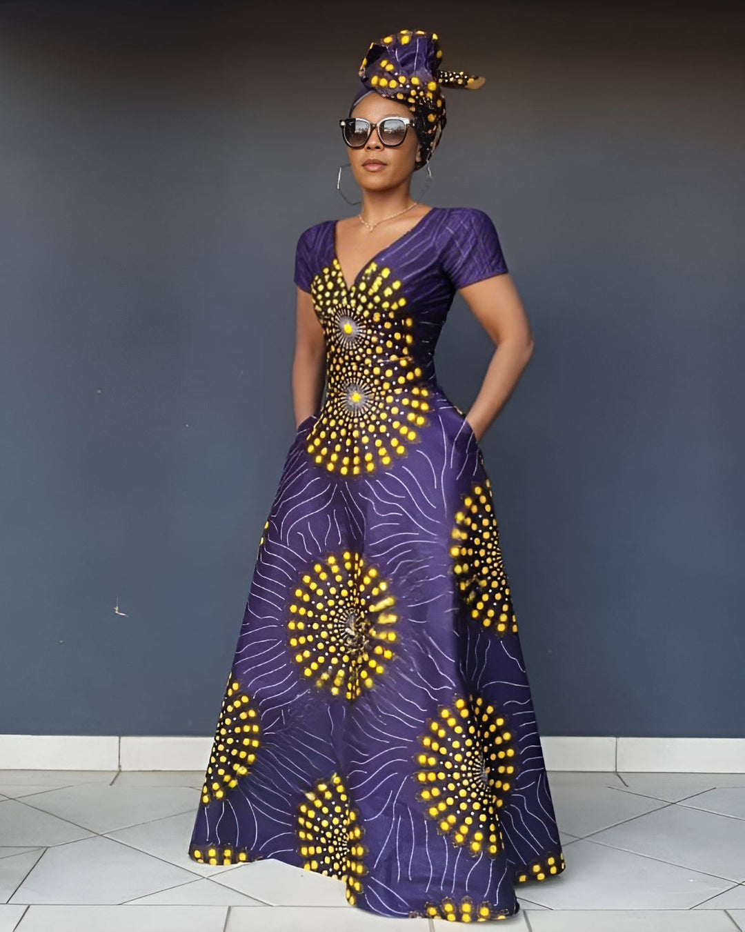 V Neck African Yellow Polka Dots Short Sleeve Maxi Dress