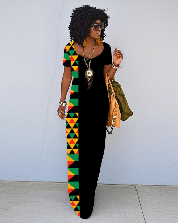 Juneteenth Geometric Color Contrast Short Sleeve Crewneck Maxi Dress