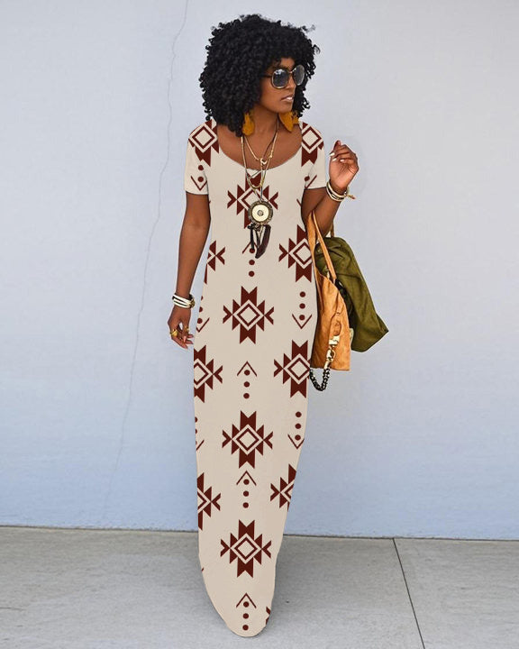 Retro Ethnic Prints Short Sleeve Crew Neck Maxi Dress