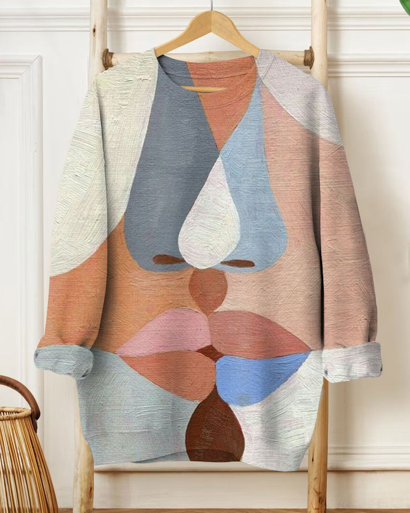 Women's Fashion Casual Colorblock Abstract Lips Painting Print Long Sleeve Sweatshirt