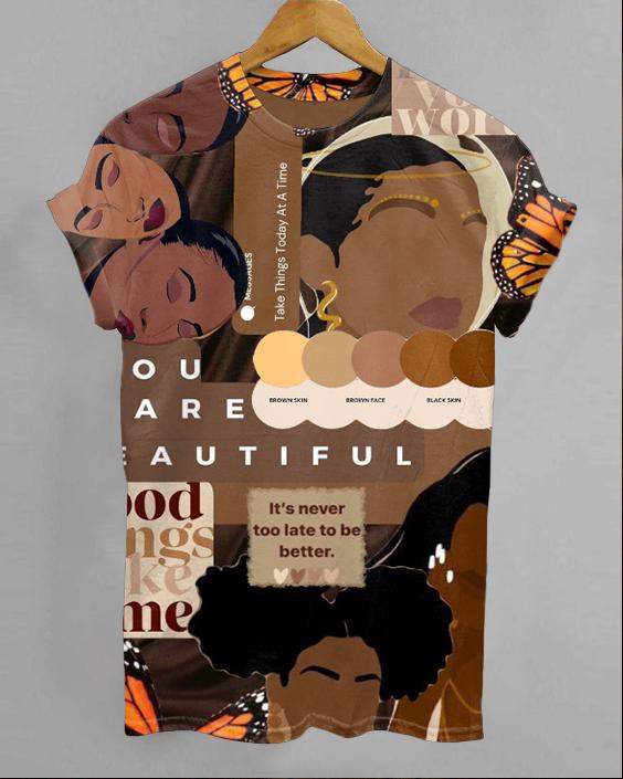 Pretty Brown Girl Poster Print Round Neck Short Sleeve Shirt