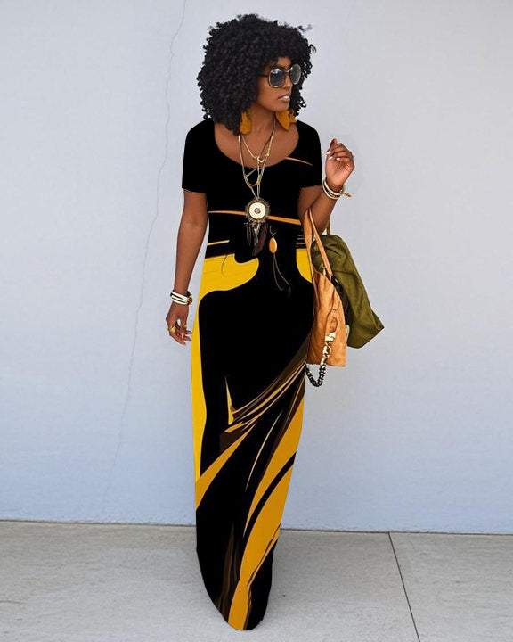 Light and Shadow Short Sleeve Crew Neck Maxi Dress