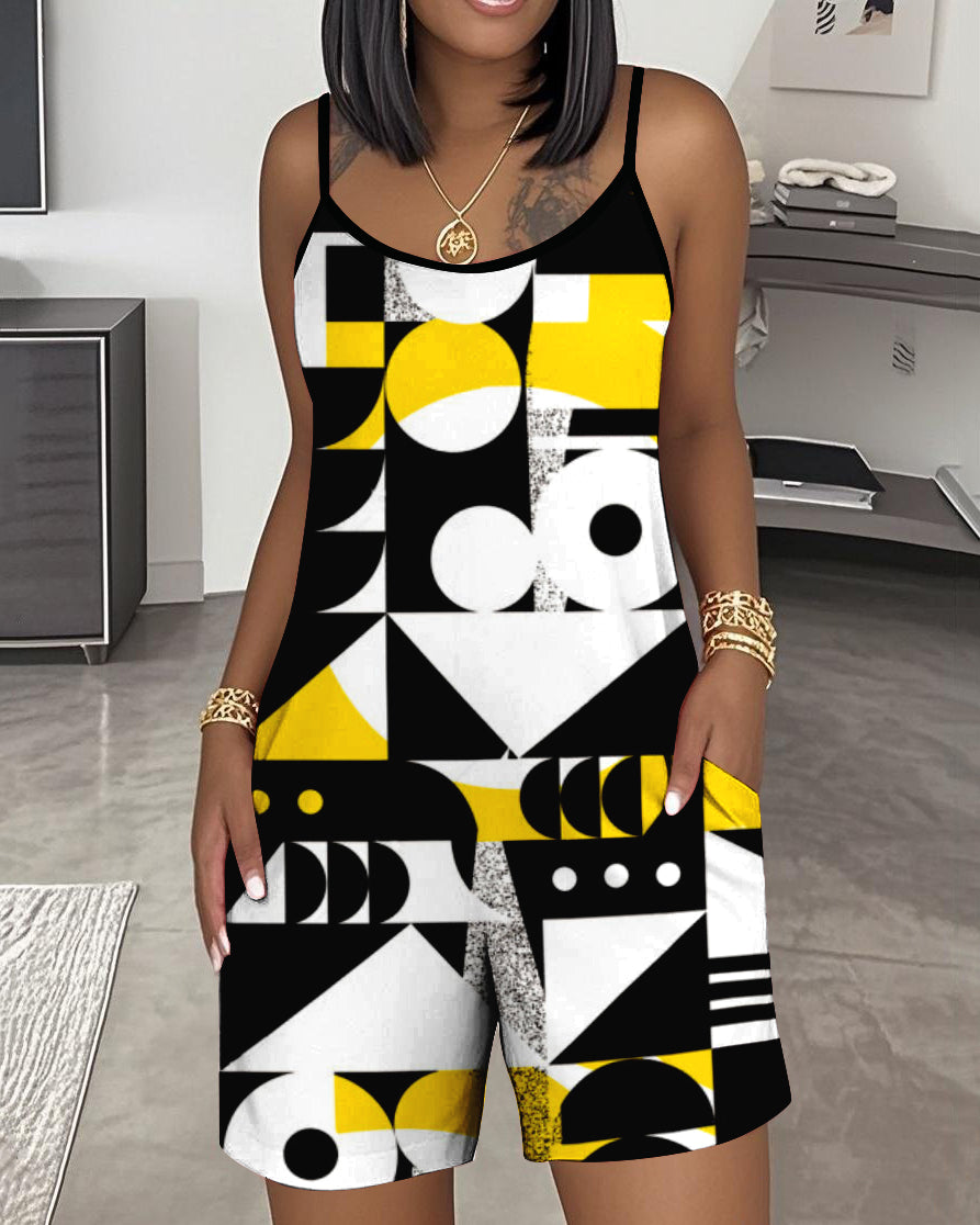 Sleeveless Irregular Geometry Print Short Jumpsuit