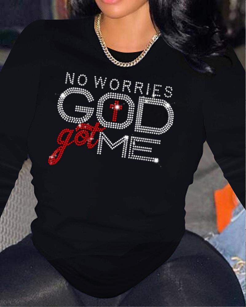 Rhinestone No Worries God Got Me Long Sleeve T-shirt