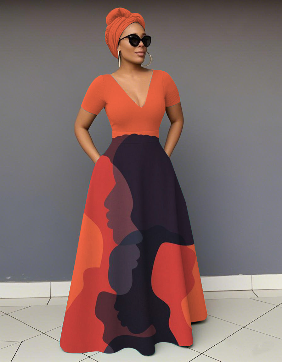 V Neck Face Line Art Short Sleeve Maxi Dress