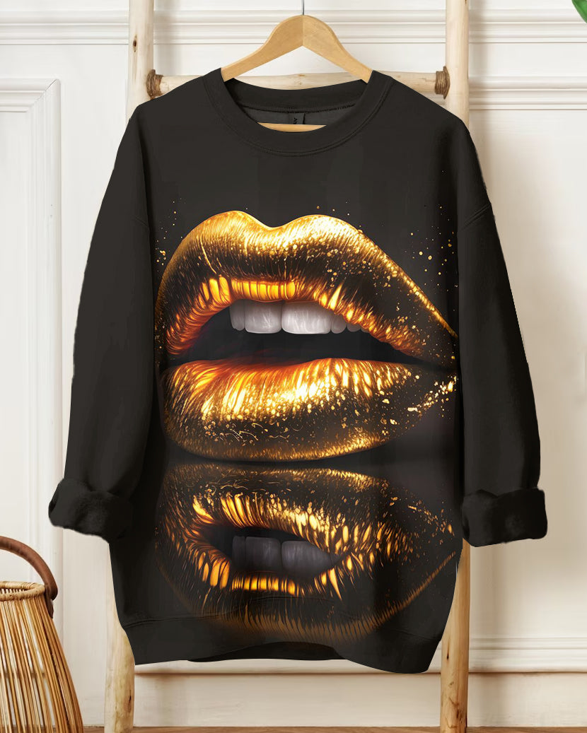 Sexy Gold Lips Print Long Sleeve Sweatshirt