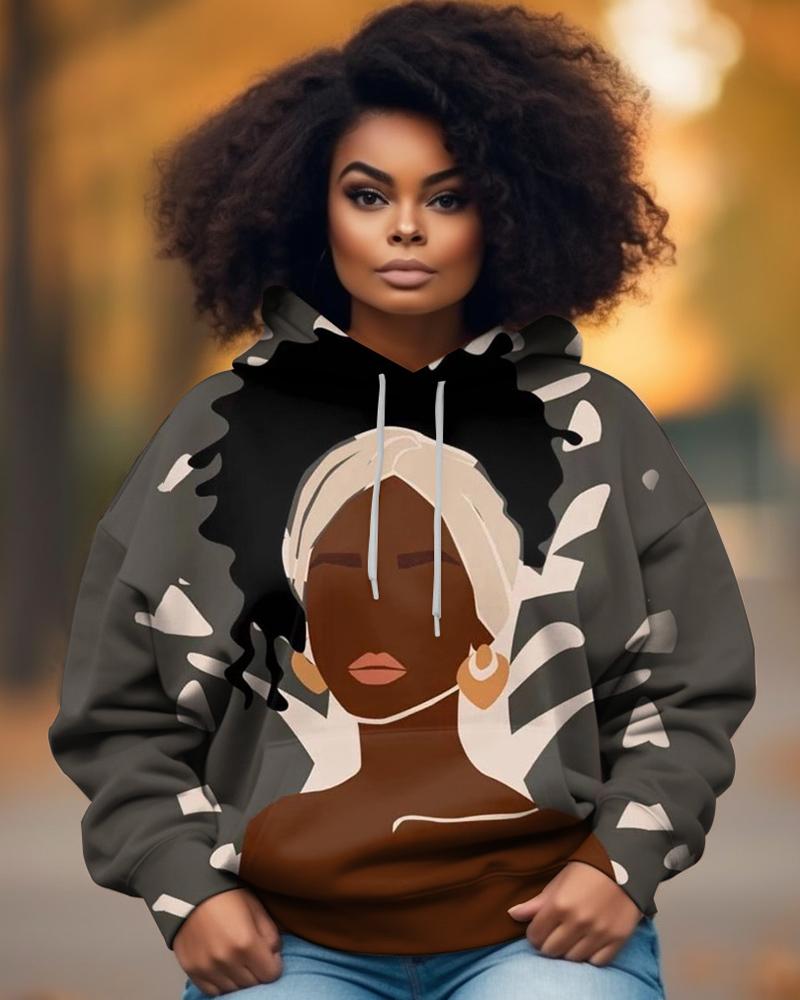 Black Color Block Printed Pocket Women's Hoodie