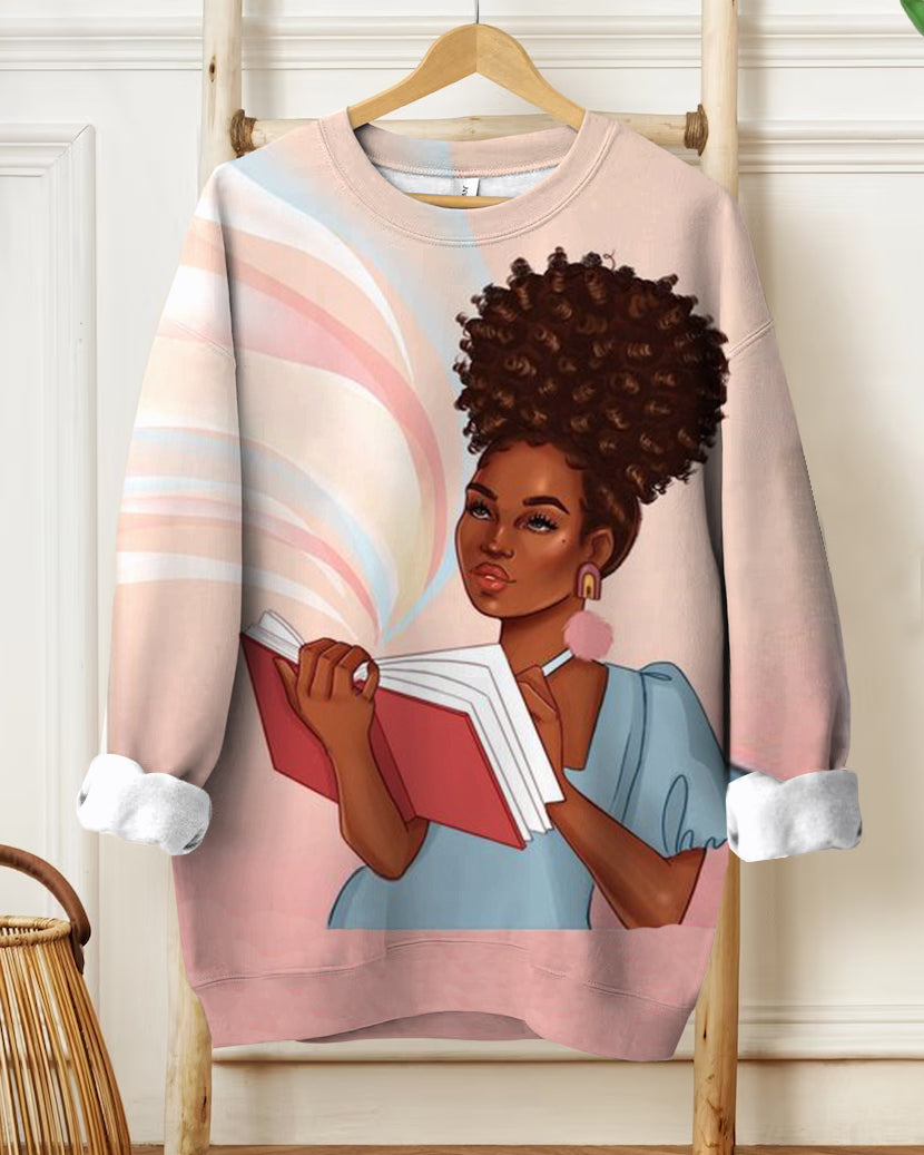 Reading Girl Printed Round Neck Long Sleeve Sweatshirt