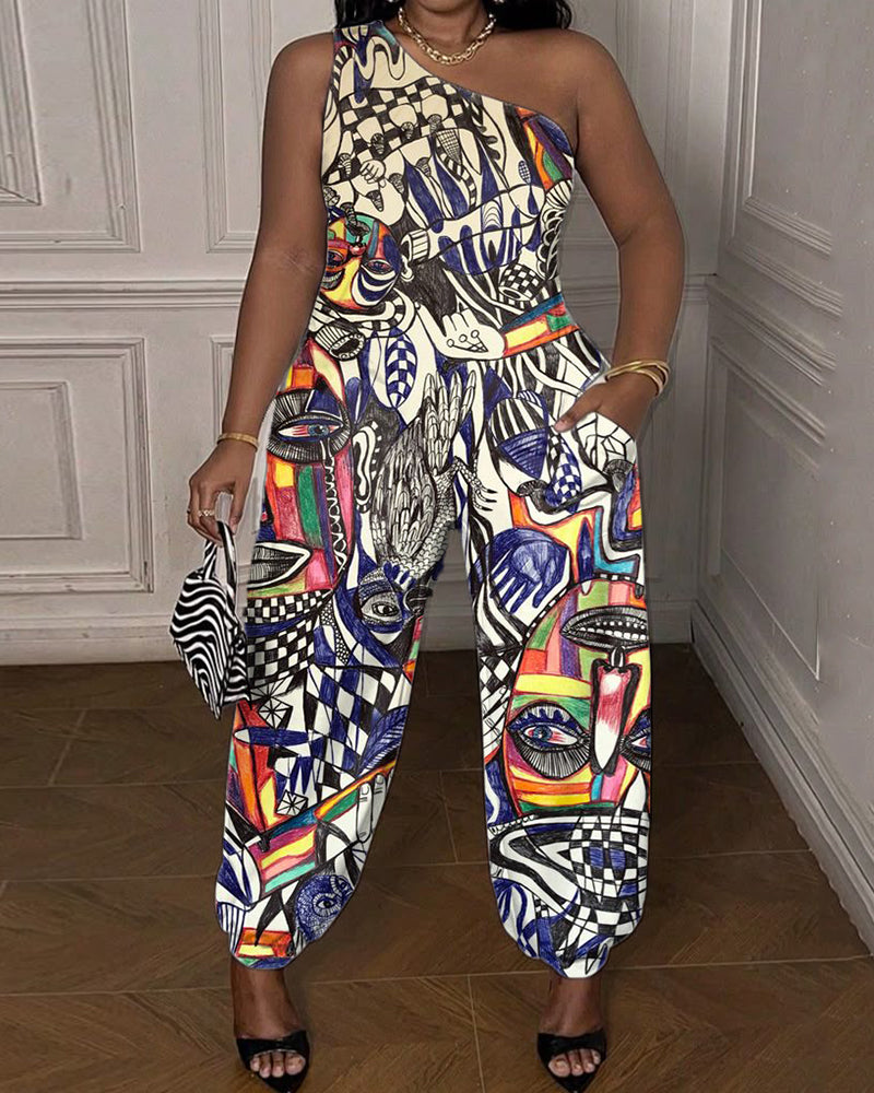 Retro Graffiti Print Women's One Shoulder Jumpsuit