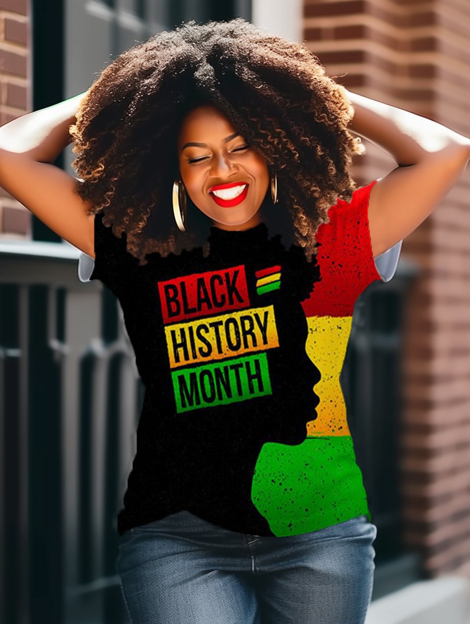 Black Historical Moon Neck Printed Short Sleeved T-Shirt