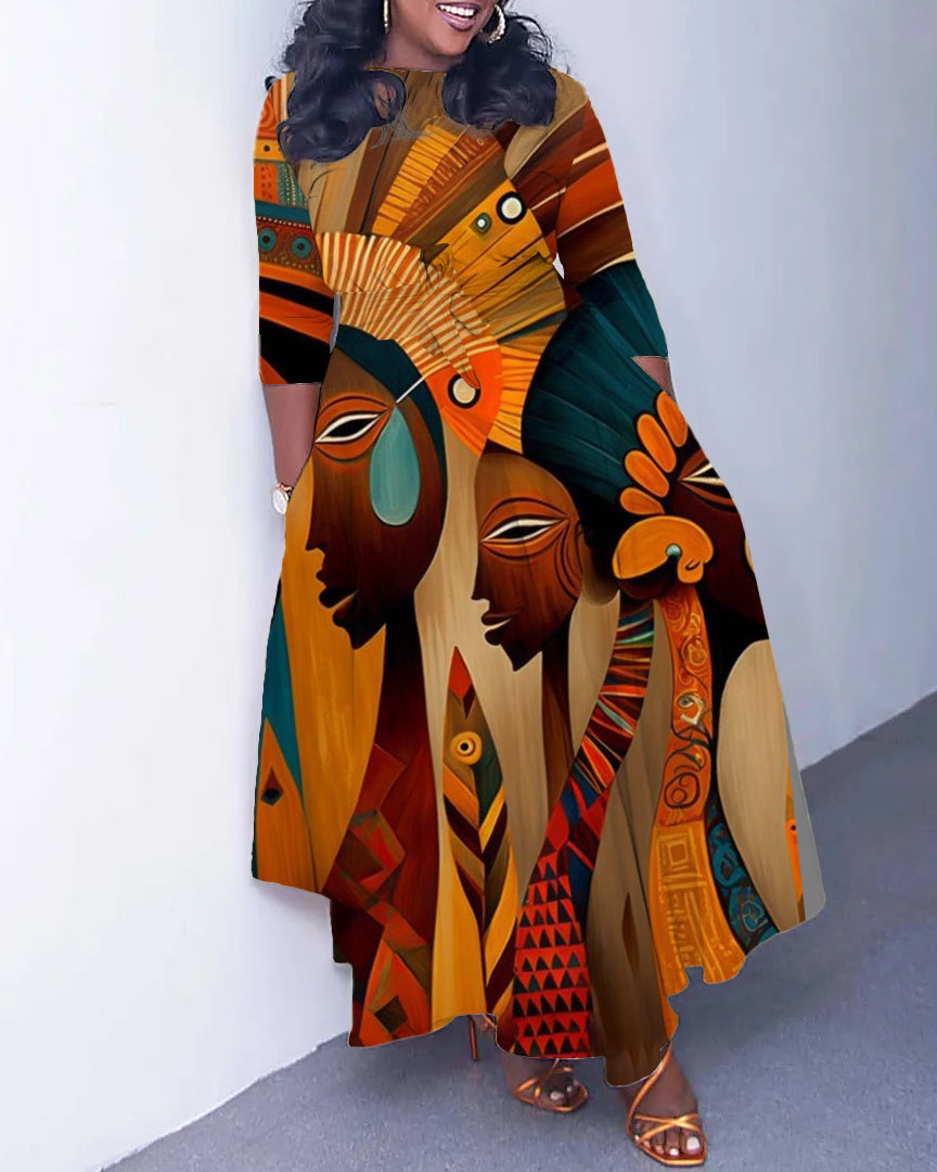 Brown Retro Totem Long Sleeve Pockets Maxi Dress