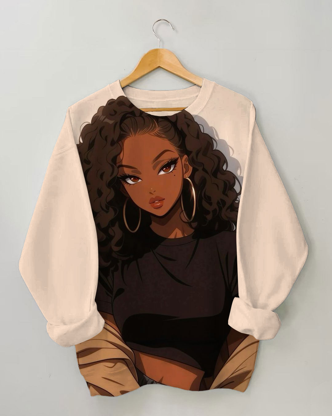 Women's Pretty Afro girl with Earrings Print Long-sleeve Sweatshirt