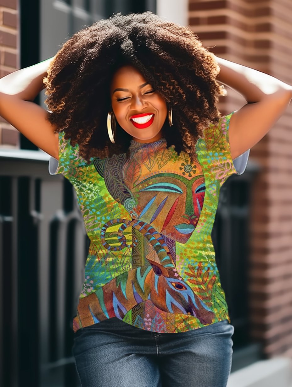 Black Art Ethnic Loose Print Short sleeved T-shirt