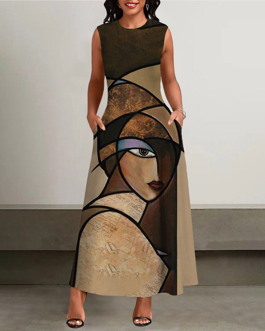 Round Neck Black Women Face Art PrintPockets Casual Dress