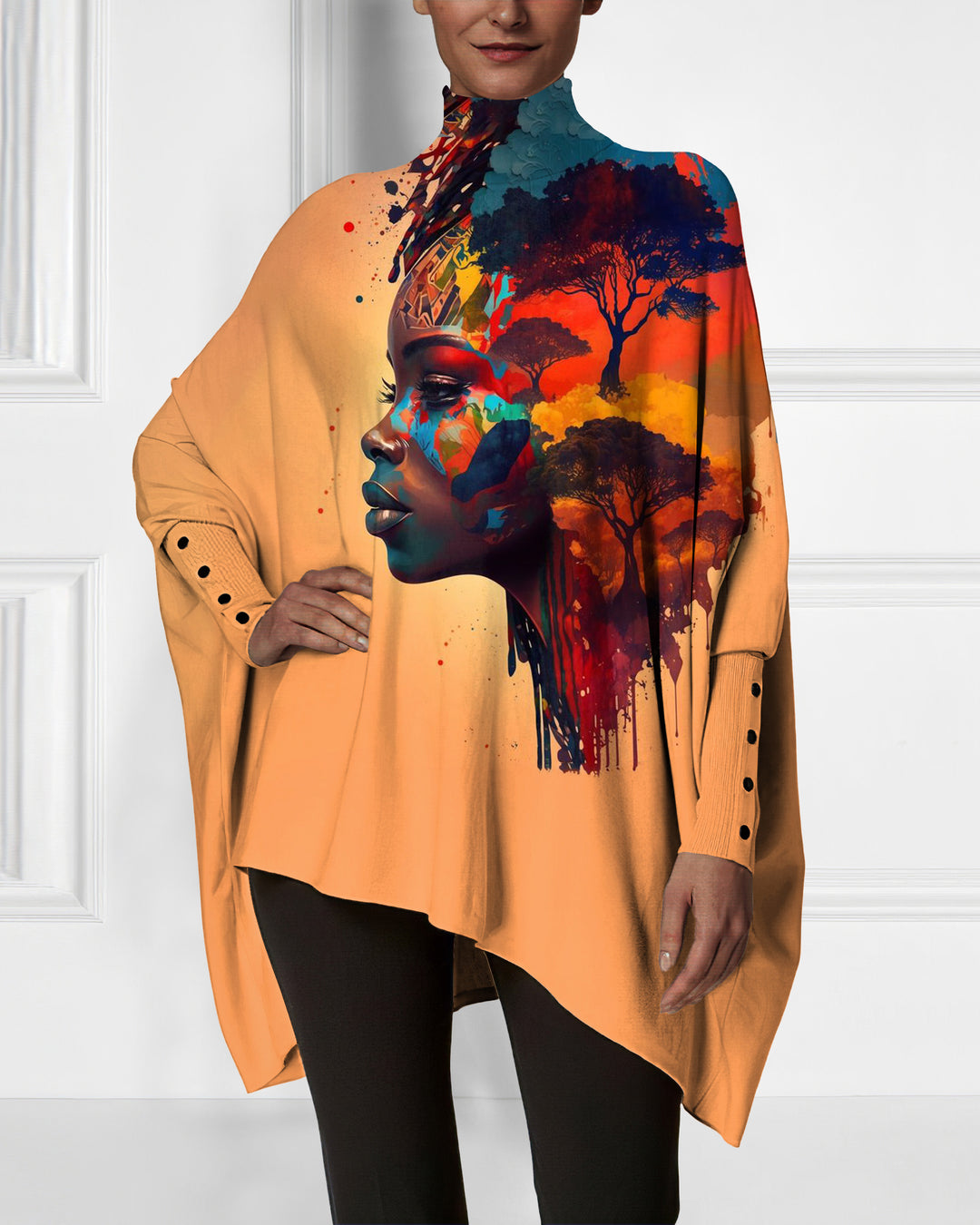 Forest Face Art Irregular High Neck Top