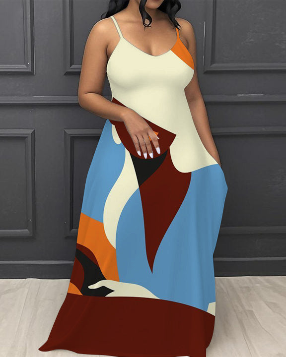 Colorblock Abstract Portrait Print V-Neck Pocket Cami Dress