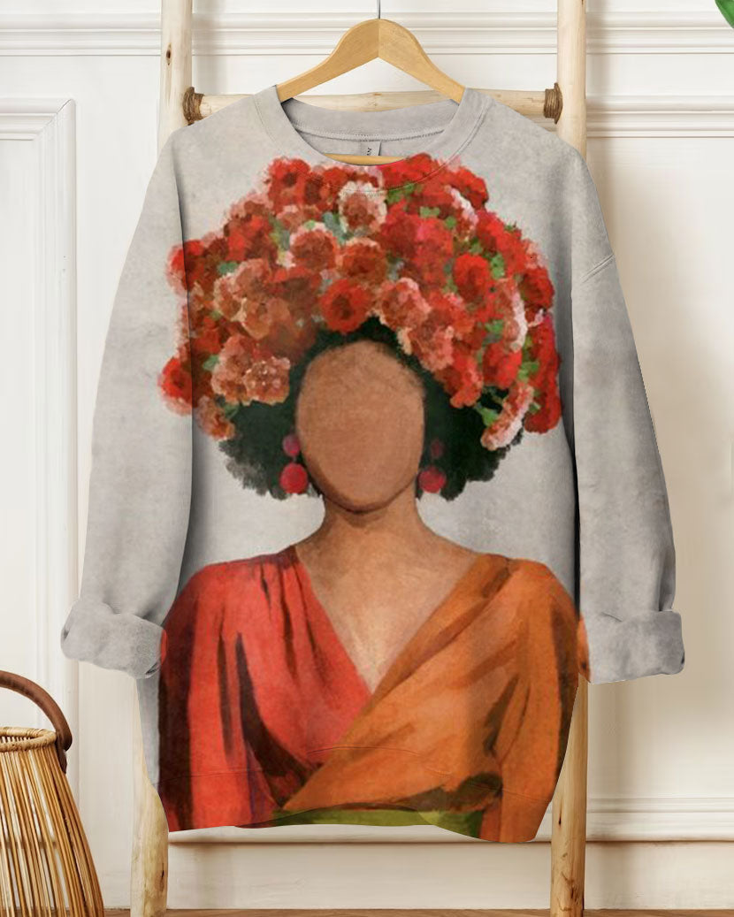 Women's Fashion Casual Rose Elegant Afro Girl Print Long Sleeve Sweatshirt