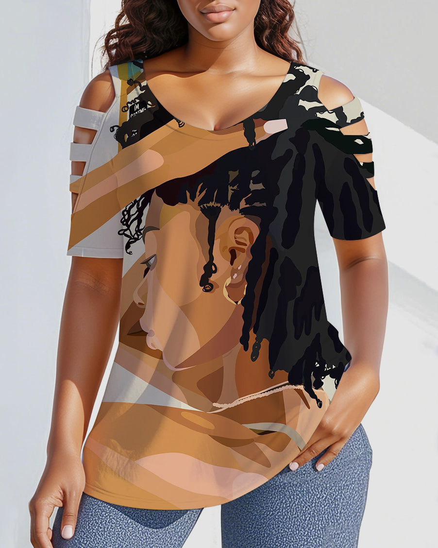 Curly Hair Woman Illustration Round Neck Off-shoulder Short-sleeved T-shirt
