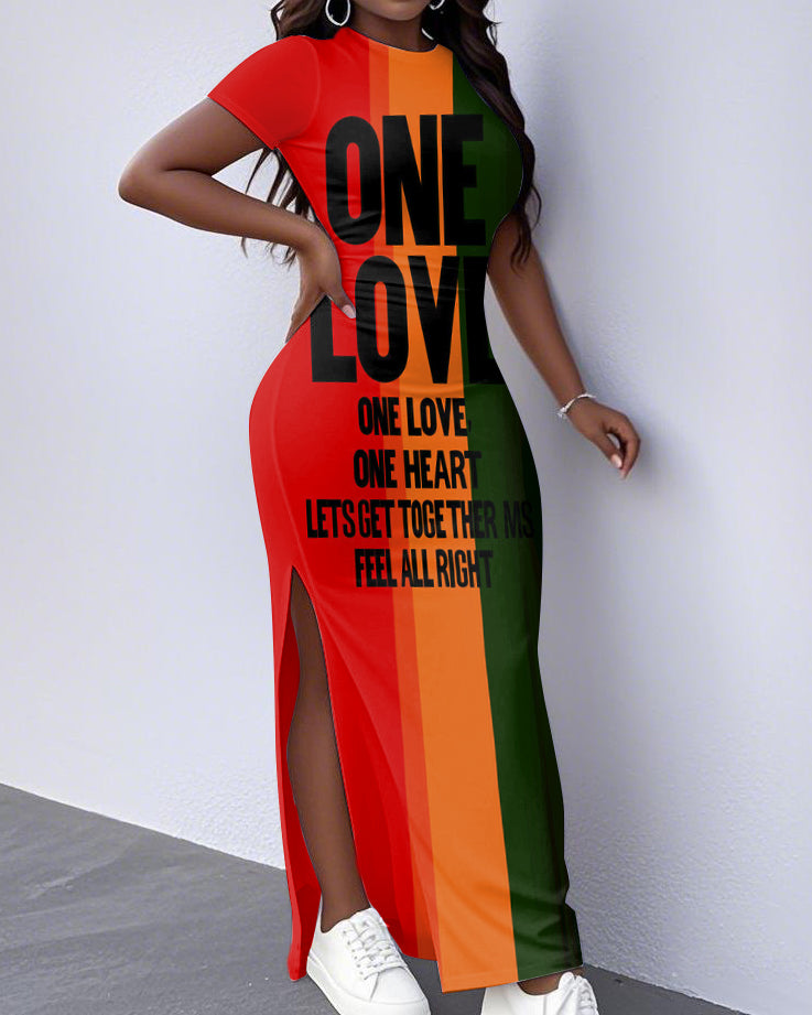 Reggae One Love Hem Slit Crew Neck Short Sleeve Dress