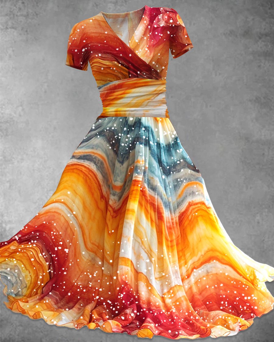 V Neck Marble Gradient Print Maxi Dress