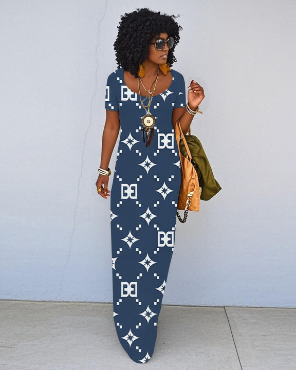 Fashionable Geometric Print Short Sleeve Crew Neck Maxi Dress
