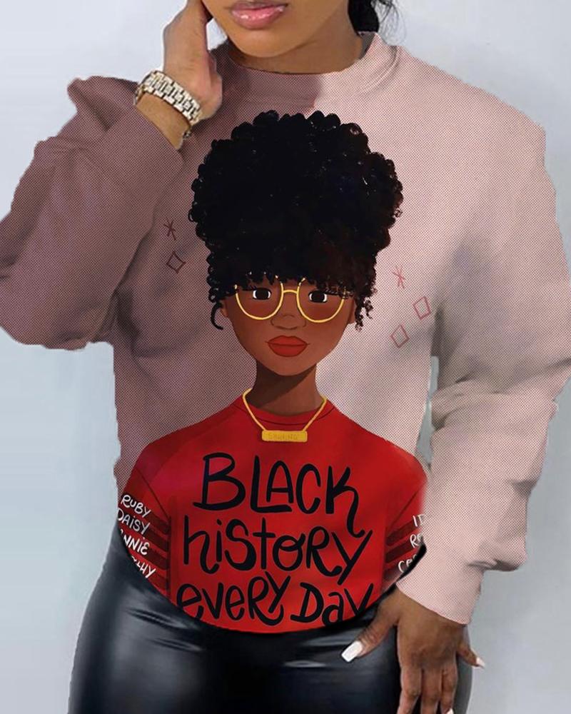 Black Girl Historical Month Printed Round Neck Long Sleeved Hoodie