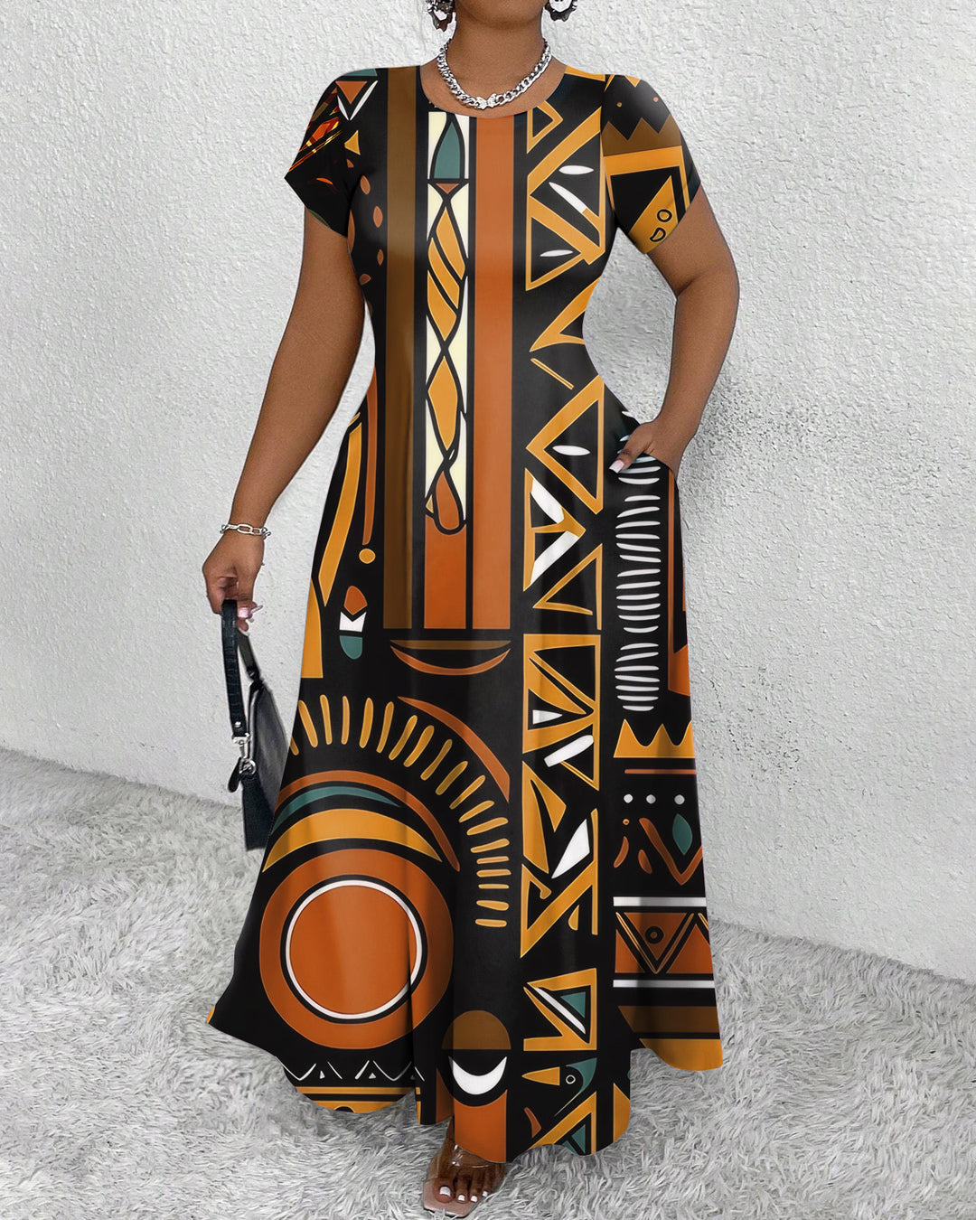 African Abstract Round Neck Short Sleeve Maxi Dress