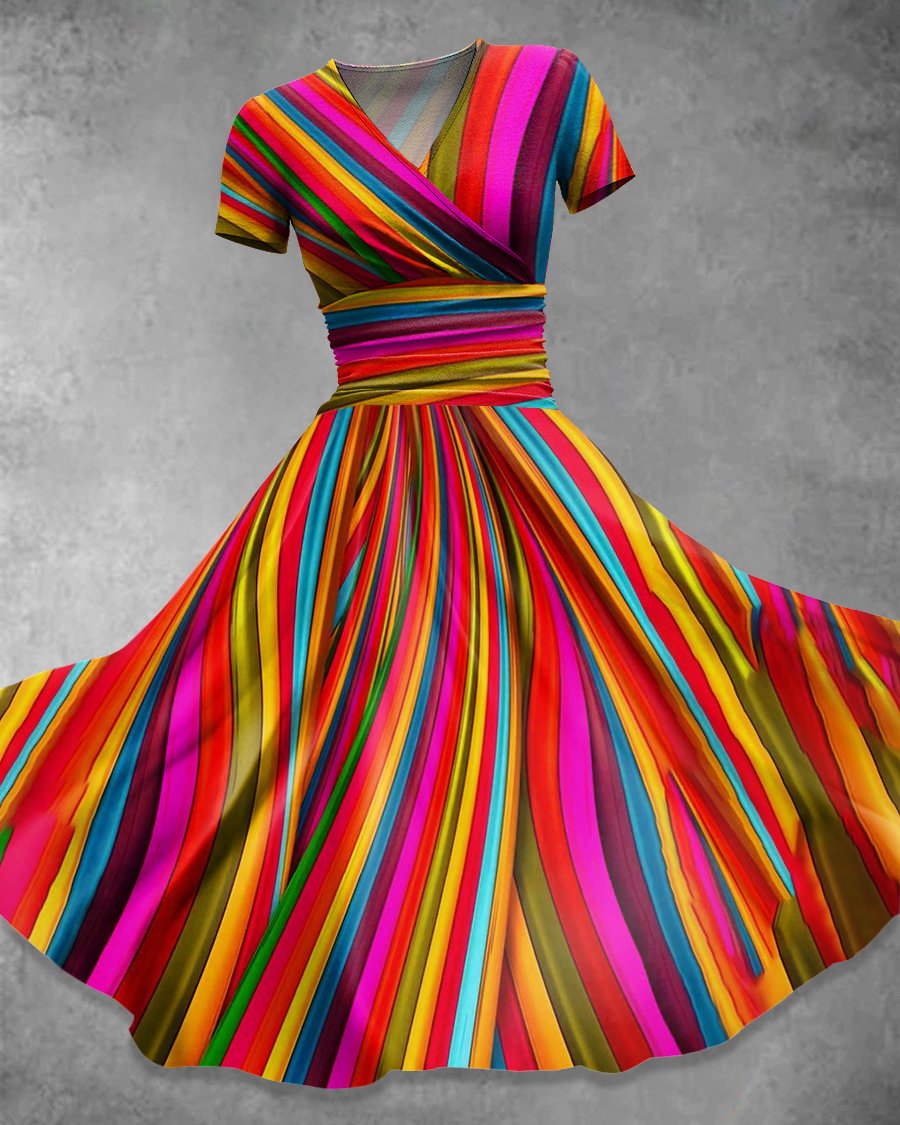 V Neck Colorful Striped Print Maxi Dress