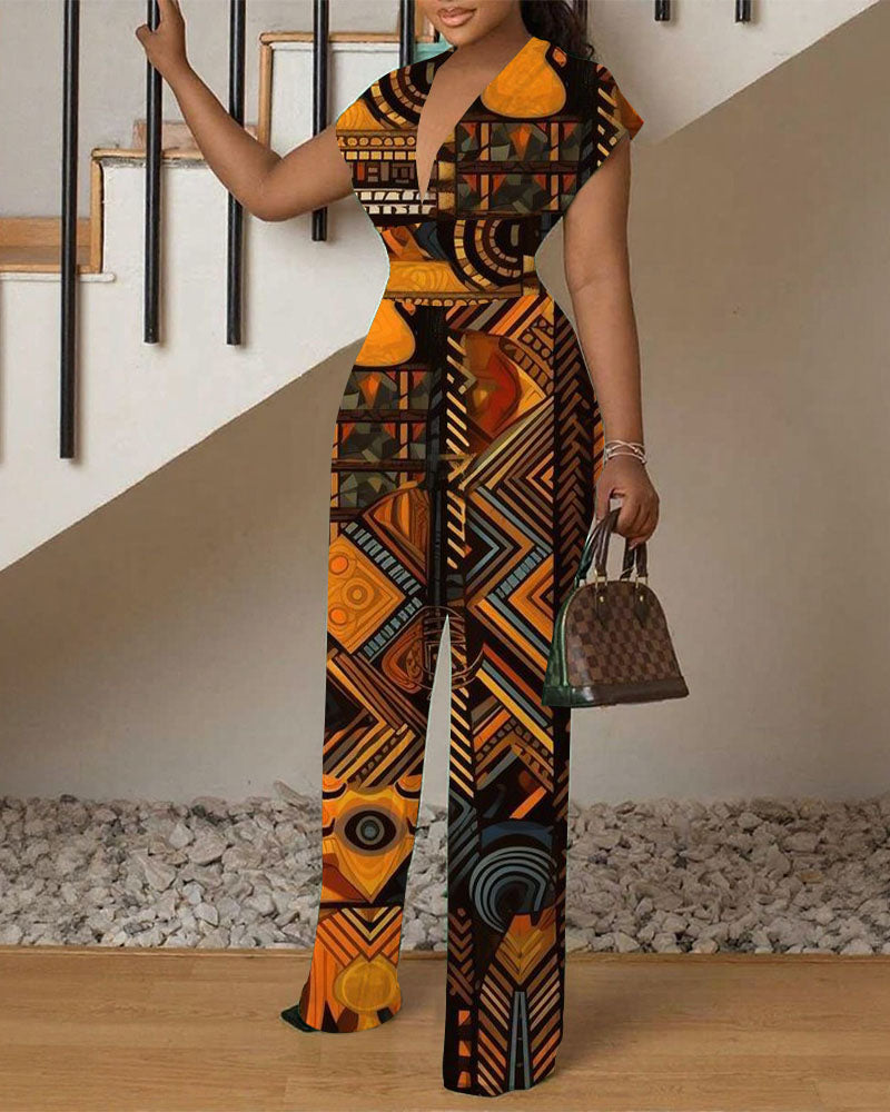 Retro Totem V-neck Waist Straight Jumpsuit