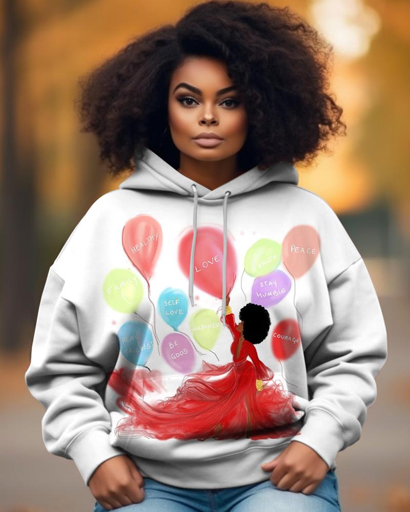 Black Girl Valentine's Day Balloon Printed Pocket Women's Hoodie