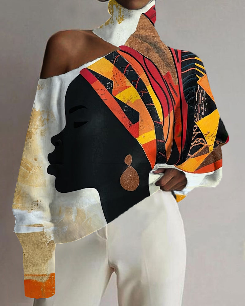 Black Girl Geometric Art Color Matching Print Sexy Cutout Top
