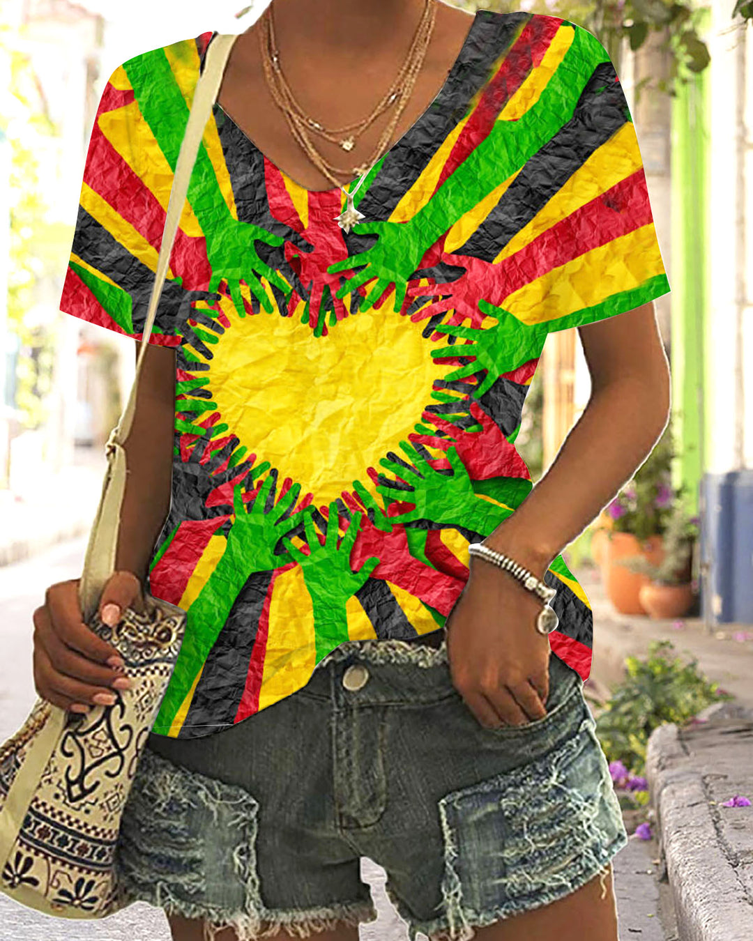 Juneteenth Doodle Holding Hands V Neck Short Sleeve Tshirt