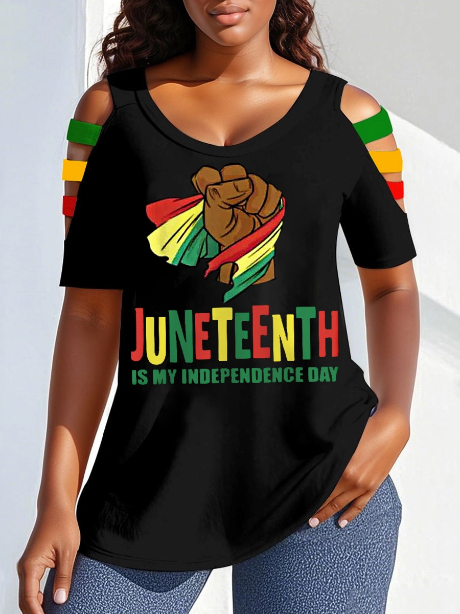 Juneteenth Together Round Neck Off-shoulder Short-sleeved T-shirt