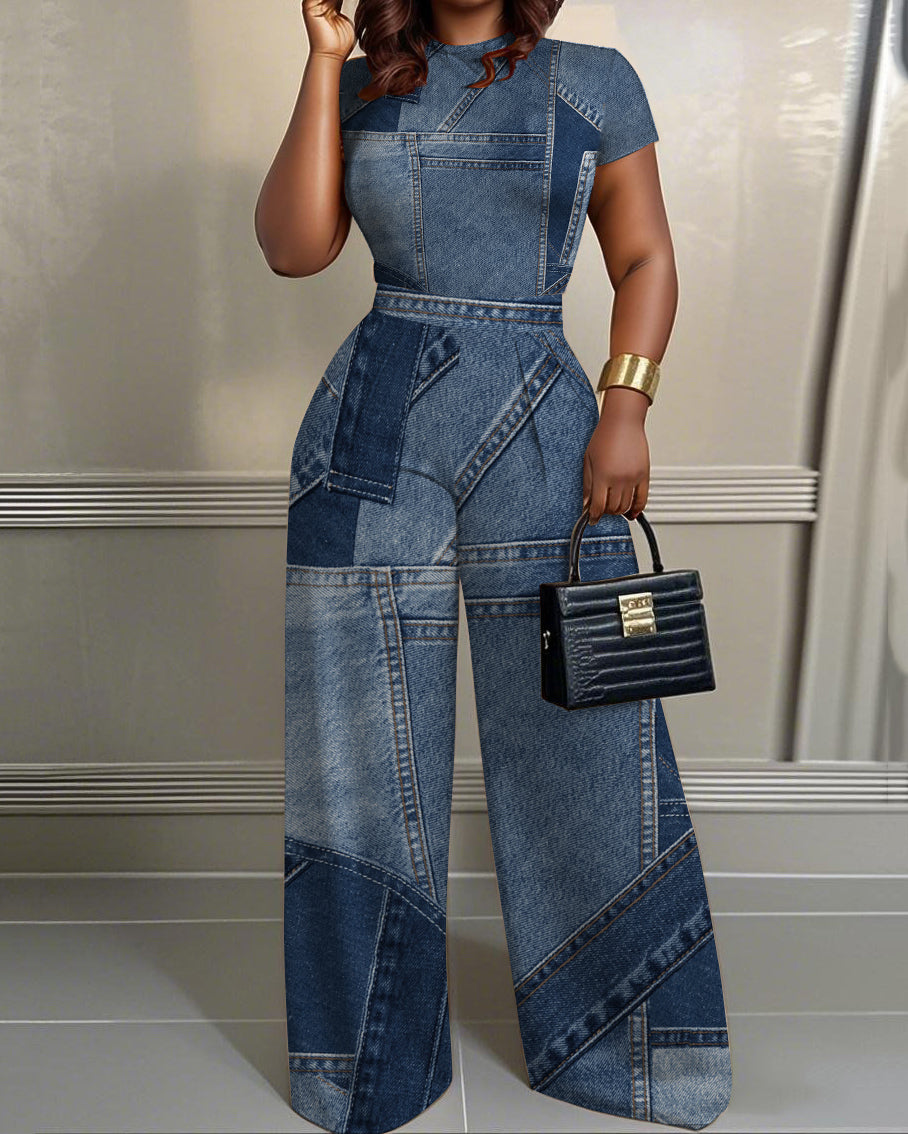 Denim Patch Print 2pcs Set Wide Leg Jumpsuit