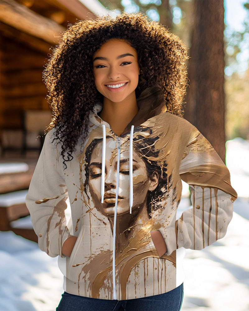 Art Illustration Printed Zippered Hooded Long-Sleeved Casual Hoodie