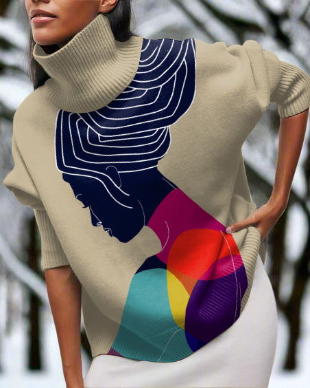 Colorful Women Illustration High Neck Long Sleeve Top