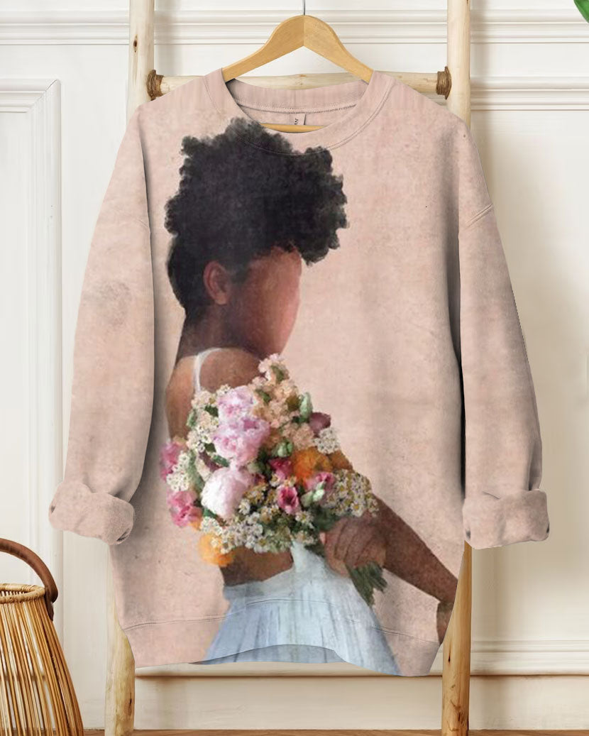 Women's Fashion Casual Brown Girl with Flower Print Long Sleeve Sweatshirt