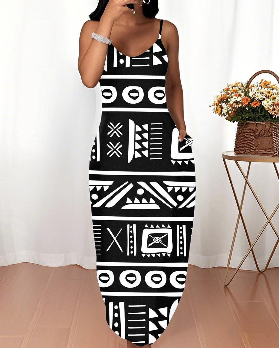 Sling Abstract Wall Decor Pocket Maxi Dress