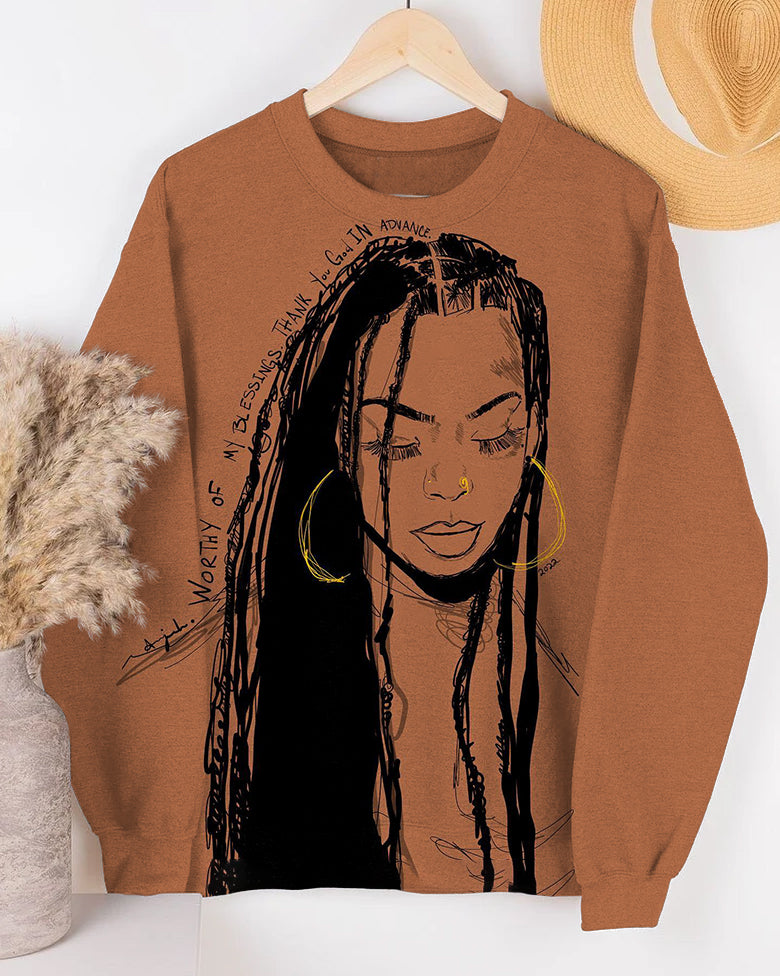 Women's Fashion Casual Girl with Long Hair Art Prints Long-sleeved Sweatshirt