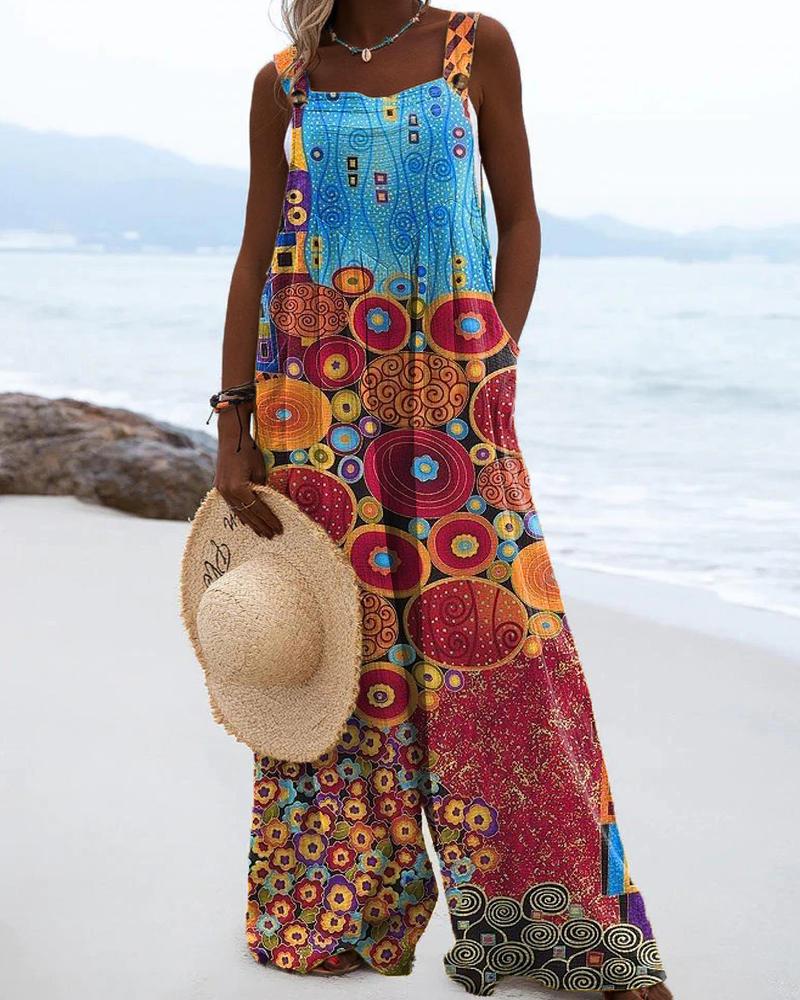 Black Ethnic Loose Print Wide Leg Jumpsuit