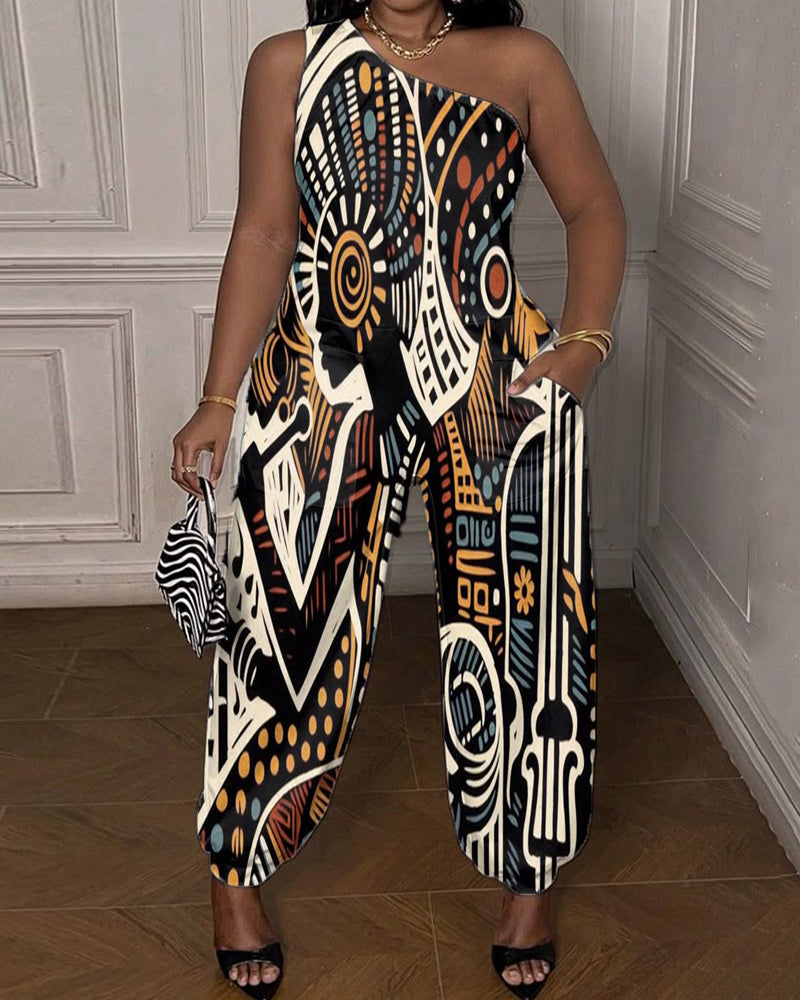 Women's Ethnic Print One-shoulder Jumpsuit