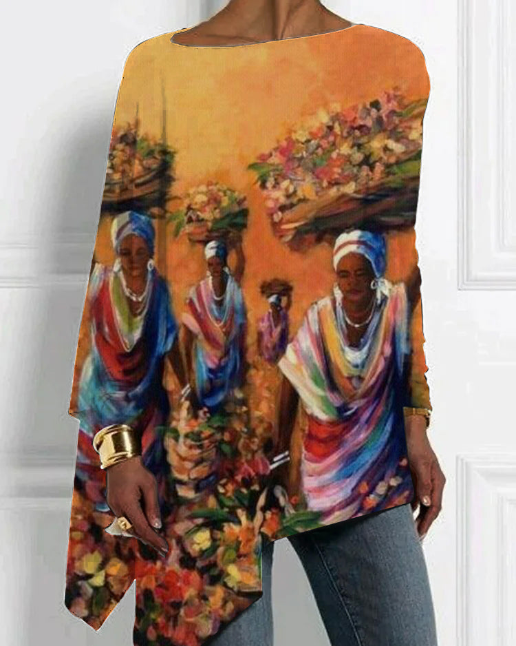 Ethnic style peasant oil painting printing irregular hem top